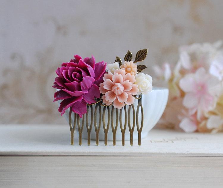 Свадьба - Plum Violet Rose Dusky Pink Ivory Flower Wedding Bridal Hair Comb. Flow Floral Collage Hair Comb. Bridesmaid Hair Comb