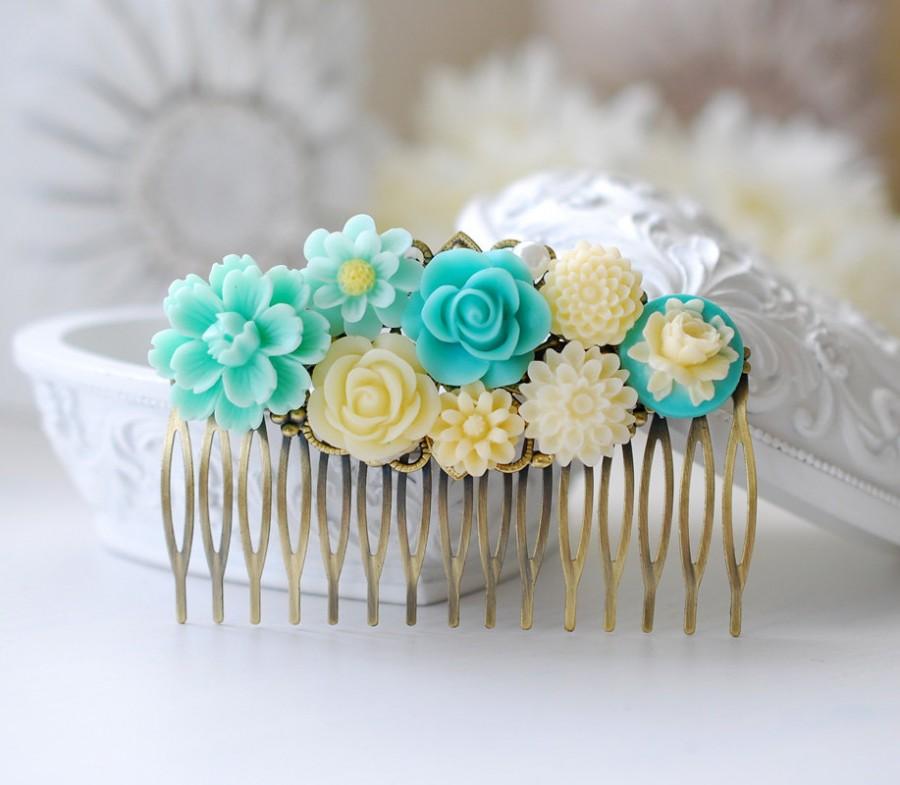 Wedding - Aqua Blue Wedding Hair Comb. Ivory and Blue Bridal hair Comb, Wedding Hairpiece, Large Brass Filigree Floral Collage Comb, Something Blue