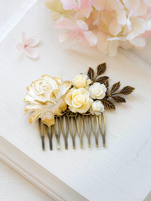 Hochzeit - White Ivory Gold Rose Bridal Hair Comb Floral Flower Leaf Collage Comb Ivory Wedding Hair Accessory Vintage Country Cottage Wedding Comb