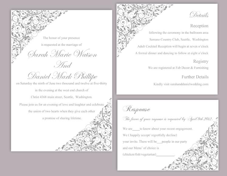 Свадьба - DIY Wedding Invitation Template Set Editable Word File Instant Download Printable Gray Wedding Invitation Elegant Floral Invitation