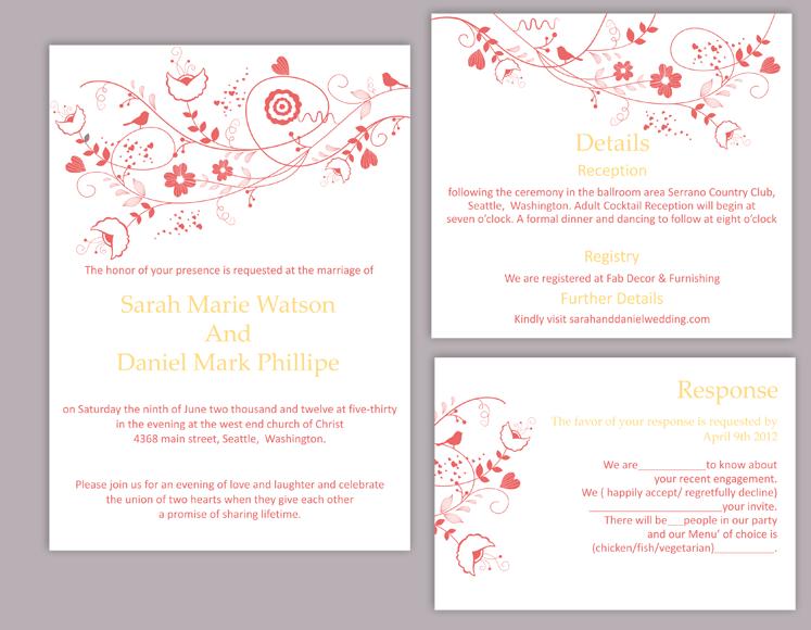 Свадьба - DIY Wedding Invitation Template Set Editable Word File Instant Download Floral Wedding Invitation Bird Invitation Printable red Invitations