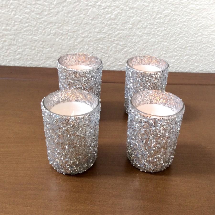 Wedding - Silver Glitter Candle Holder, wedding candle holders, glitter center piece, silver candle holder, silver center piece