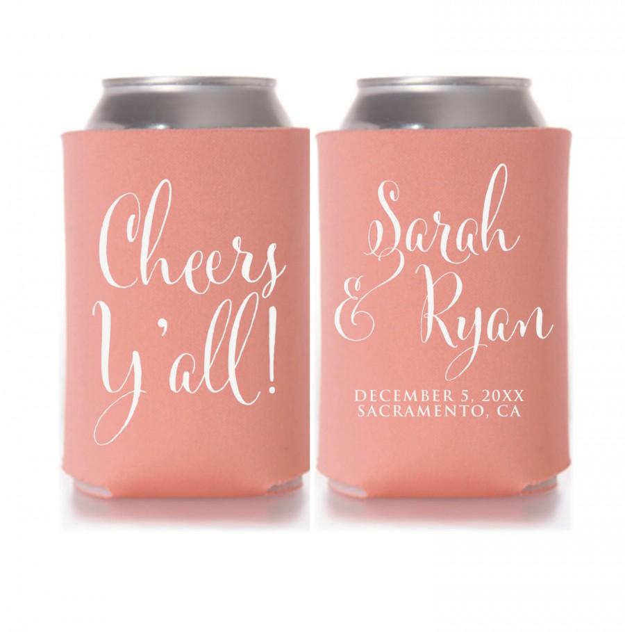 Mariage - Wedding Koozies, Cheers Y'all, Personalized Can Coolers, Wedding Favors, Beer Sleeves, Can Sleeves, Can Coolers, Coral - T325