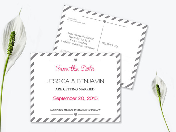 Wedding - Save the Date Postcard Templates - Silver Grey Carnival Stripes Printable Wedding Save the Dates - 5.5 x 4.25 Editable PDF - DIY You Print
