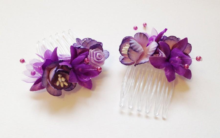 زفاف - Wedding Flower hair comb, purple floral comb, bridal hair comb, bridesmaid hair accessories, woodland wedding, set of 2