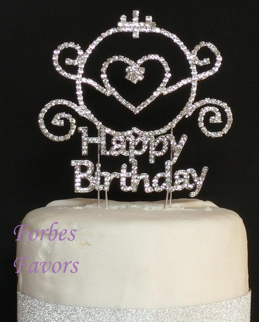 زفاف - Real Rhinestone Happy Birthday with Carriage Set of 2 Silver Birthday Love Cake Topper By Forbes Favors