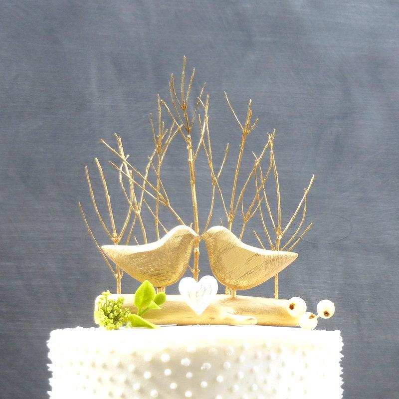 Wedding - Gold Wedding Cake Topper with Love Birds, Gold Cake Topper, Rustic Bird Cake Topper/ Wooden Anniversary Gift