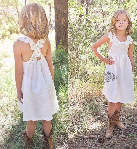 Mariage - lace flower girl dress, country flower girl dress, rustic flower girl dresses, ivory cross back lace flower girl dress, country couture