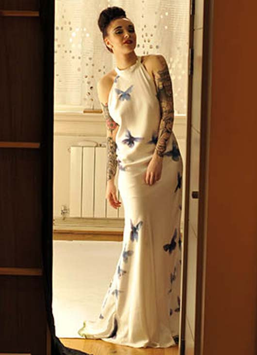 Hochzeit - Handpainted Blue Morpho Butterfly Silk Satin Backless Wedding Dress