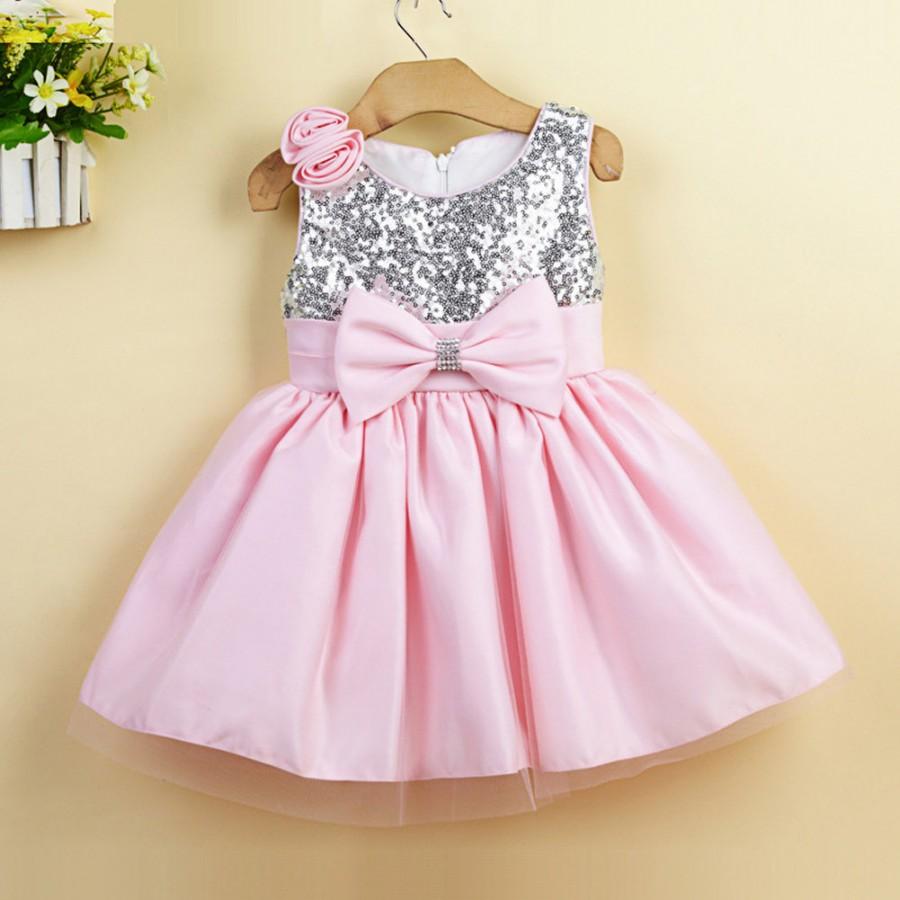 زفاف - Pink knee length silver sequin flower girl dresses,little girl princess dress,baby girl's dress,tutu,pink short sequin flower girl dress