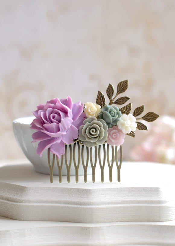 Hochzeit - Lavender Lilac Grey Ivory Flower Statement Hair Comb, Lavender Lilac Rose Antiqued Brass Leaf Hair Comb, Wedding Bridal Hair Accessory