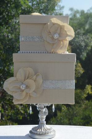 Свадьба - Ivory Card box-silk,pearls and rhinestones, brooches, custom wishing well, event box, birthday box