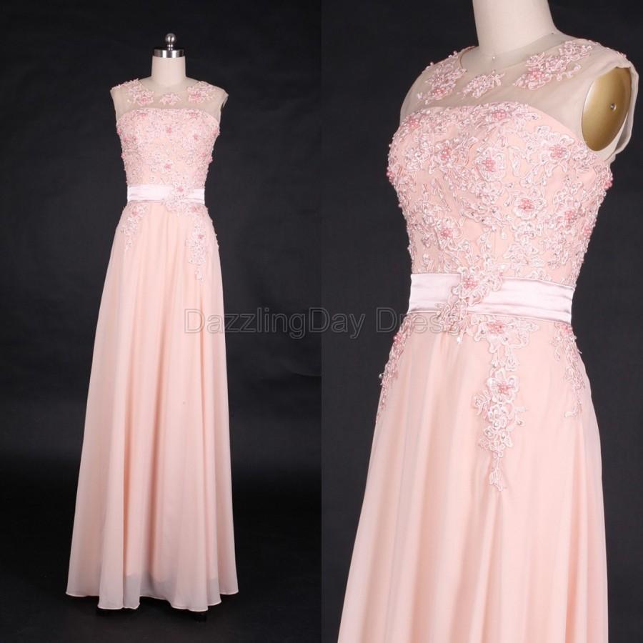 Hochzeit - Pink Chiffon Bridesmaid Dress Lace Applique Long prom Dress A-line long Prom Dresses with Zipper-up - Bridesmaid Dresses