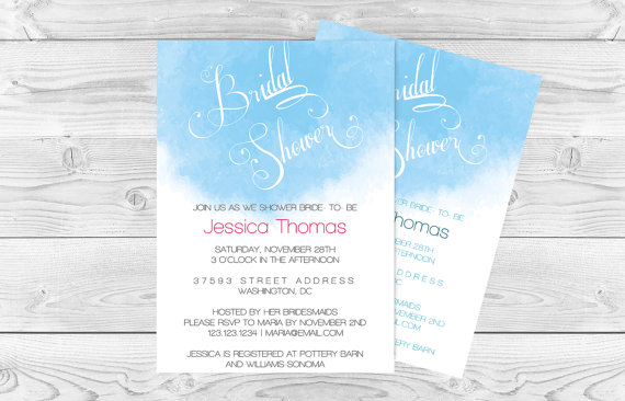 Hochzeit - Watercolor Bridal Shower invitation Template - Blue Watercolor Calligraphy Handlettered Bridal Shower Editable PDF Template- DIY You Print
