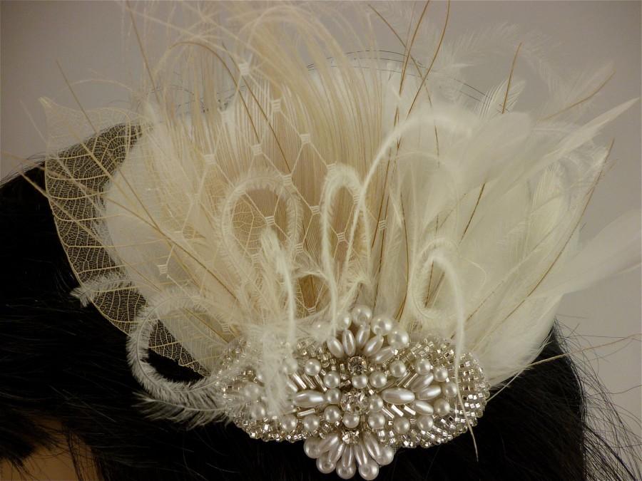 Wedding - Rhinestone, Pearl, Silver Beaded Bridal Ivory Feather Fascinator, Rhinestone Hair Clip, Bridal Fascinator, Fascinator