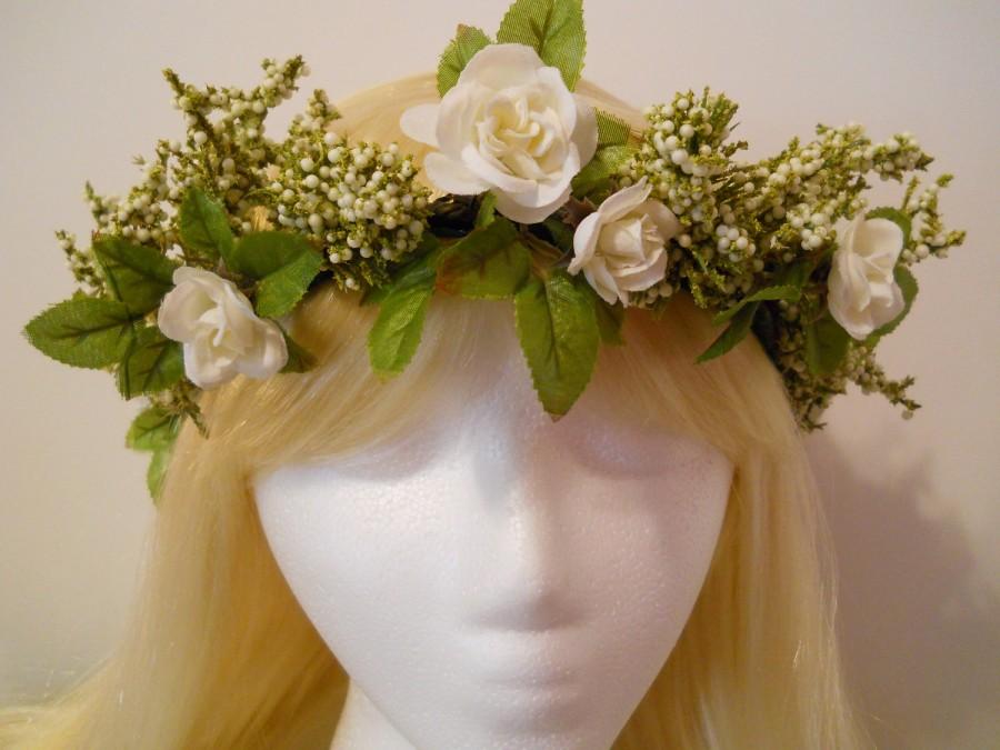 Mariage - Flower Crown, Head Wreath, Winter White Weddings White Rose Baby's Breath Green Flower Girl Bride Bridal, Woodland, Fairy, Mori Girl Elf