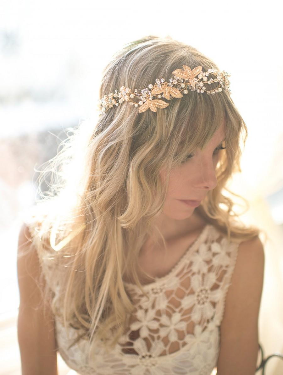 Hochzeit - Gold Boho Bridal Flower Leaf Crown, Hair Halo, Hair Vine, Hair Wreath, Gold Wedding Pearl Hair Vine, Boho Wedding Headpiece - 'CHANTILY'