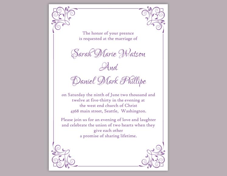 Mariage - DIY Wedding Invitation Template Editable Word File Instant Download Elegant Printable Invitation Eggplant Invitation Purple Invitation