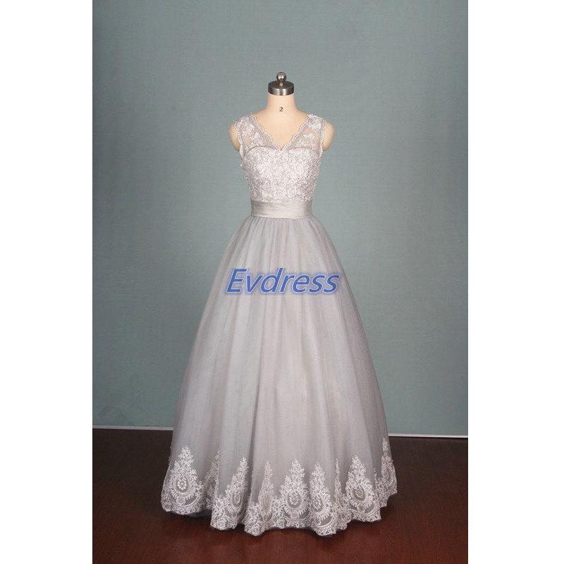 Hochzeit - 2015 gray tulle and lace wedding gowns hot,cute v neck dress for wedding party in stock,latest simple bridal dresses affordable.