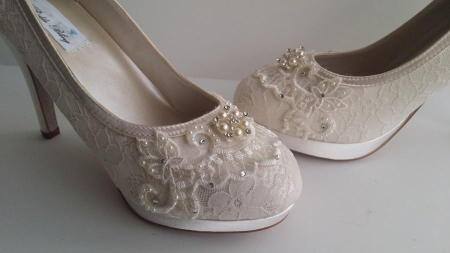 Mariage - Ivory Lace Wedding Shoes Ivory or White Bridal Shoes with Lace and Pearls and Swarovski Crystals Vegan Wedding Shoes