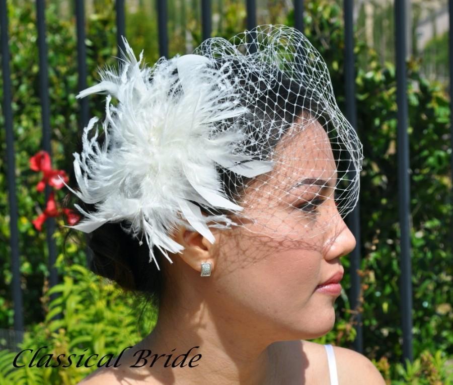 زفاف - Mini 801 -- VEIL SET w/ PEARL Feather Fascinator Hair Clip & Ivory or White Birdcage Blusher 6" Veil for bridal wedding