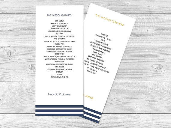 زفاف - Wedding Program Template - Navy Stripes Tea Length - Printable Ceremony Program - Instant Download - Adobe Reader Format - DIY You Print