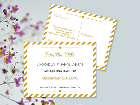 Hochzeit - Save the Date Postcard Templates - Gold Carnival Stripes Printable Wedding Save the Dates - 5.5 x 4.25 Editable PDF - DIY You Print