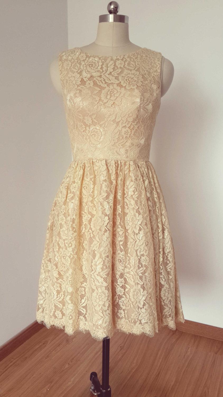 Hochzeit - 2015 A-line Light Champagne Lace Short Bridesmaid Dress with Back Buttons