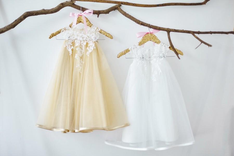 Wedding - Ivory Lace Champagne Tulle Flower Girl Dress