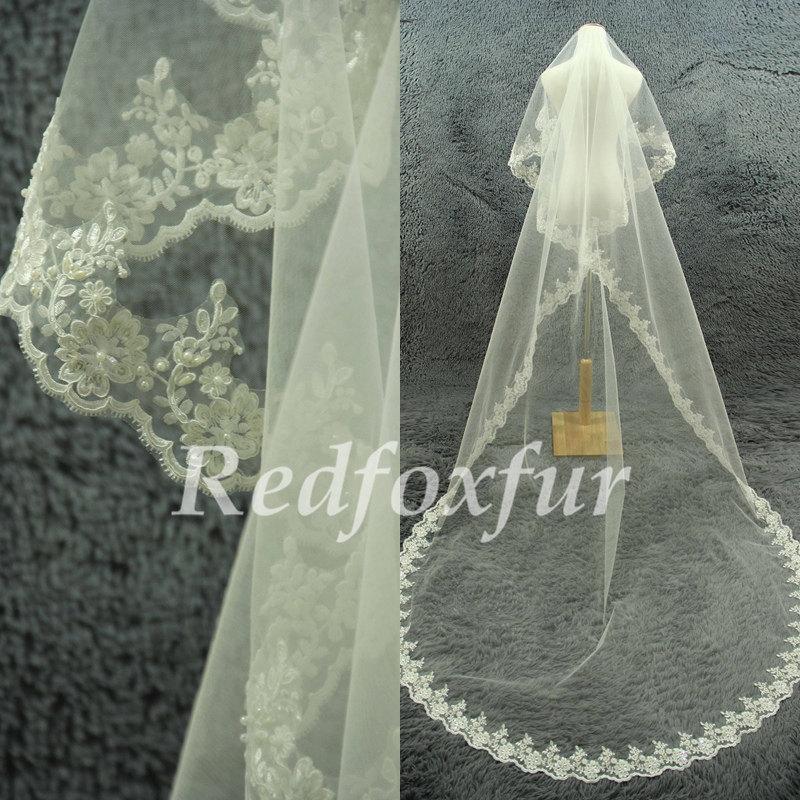 زفاف - Romantic Cathedral Veil 1 tier Ivory Bridal Veil Hand-beaded Alencon lace Flowers edge veil Wedding dress veil Wedding Accessories No comb
