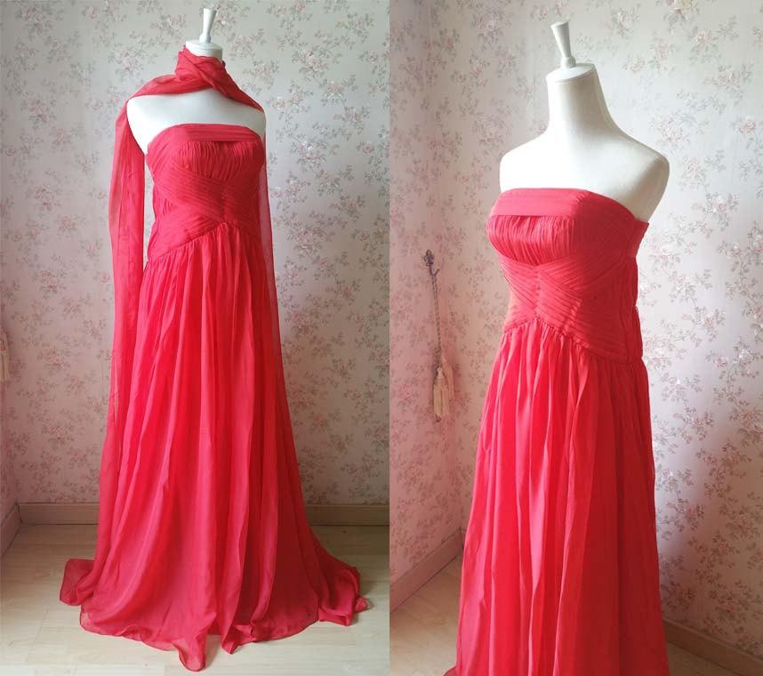 زفاف - Red Chiffon Prom Dress- Strapless Prom Dresses 2016- Red Chiffon Sheath Bridesmaid Dress- Floor Length Wedding Gowns-Red Long Dinner (BD30)