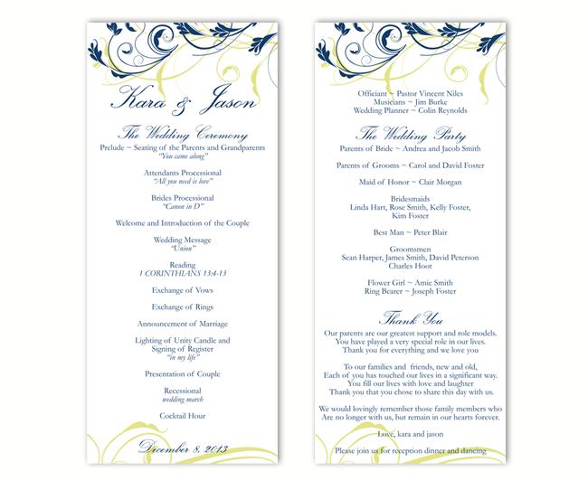 Hochzeit - Wedding Program Template DIY Editable Word File Instant Download Program Navy Blue Program Floral Program Printable Wedding Program 4x9.25