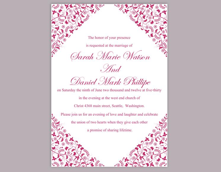 زفاف - DIY Wedding Invitation Template Editable Word File Instant Download Printable Flower Invitation Fuchsia Invitation Pink Elegant Invitation
