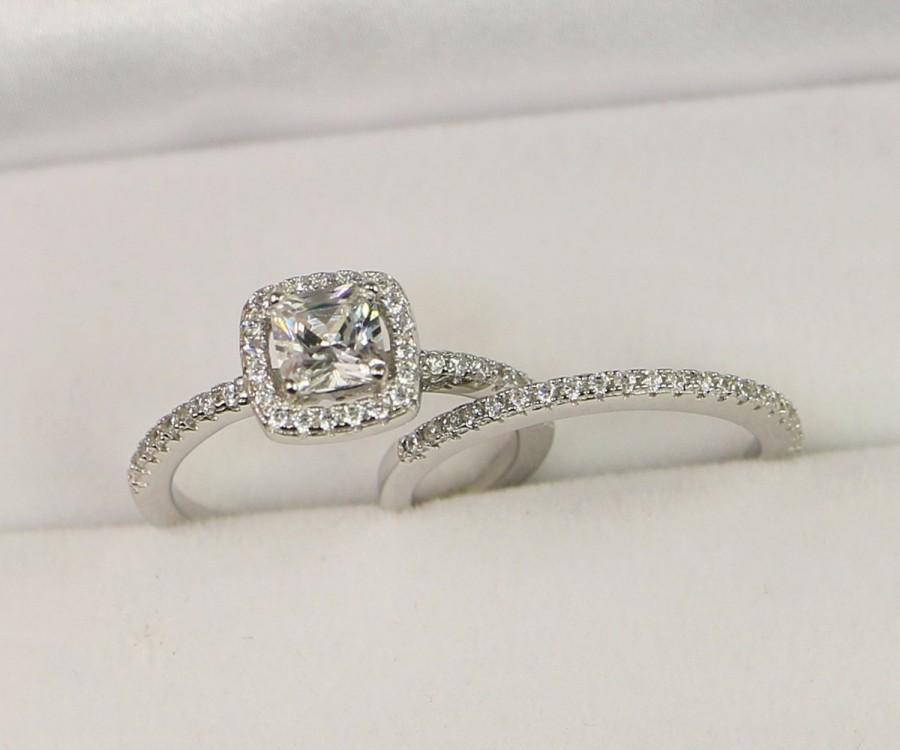 زفاف - Halo Engagement Ring, Wedding Ring Set, Sterling Silver Wedding Ring, Cushion Cut Ring, Princess Cut Ring, Small Ring, size 3.5 - 9