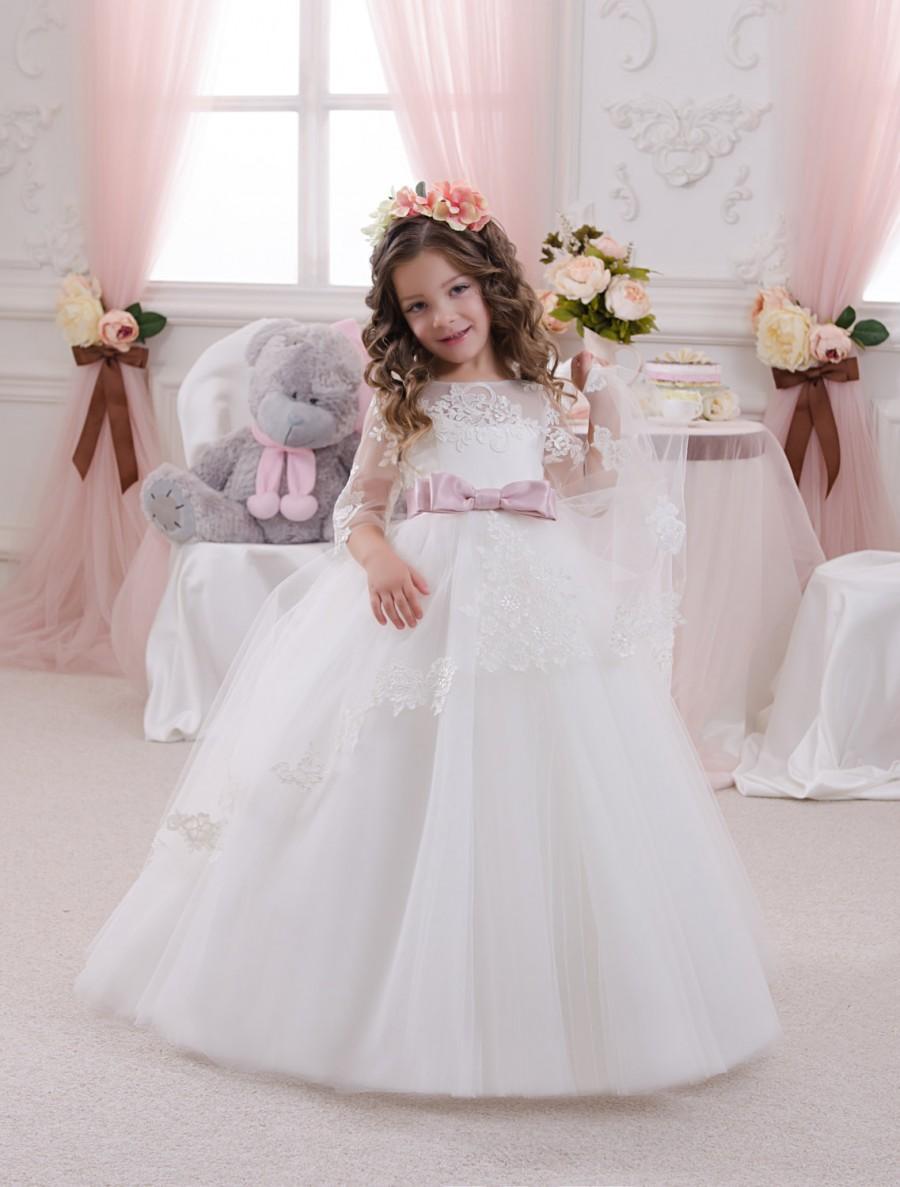 Mariage - vory White Flower Girl Dress - Wedding Holiday Party Bridesmaid Birthday Flower Girl White Ivory Tulle Lace Dress
