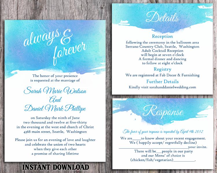 Свадьба - DIY Watercolor Wedding Invitation Template Set Editable Word File Download Printable Invitation Blue Invitation Purple Watercolor Invitation