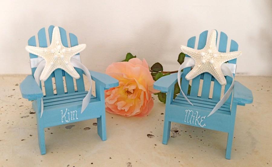 Hochzeit - Beach Wedding Cake Topper - 2 Mini Adirondack Chairs with Starfish -  6 Chair Colors and 23 Ribbon Choices Mr.and Mrs.