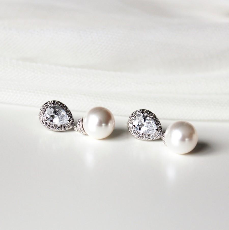 زفاف - Pearl Bridal Earrings Pearl Wedding Jewelry White Ivory Cream Swarovski Crystal pearl Lux cz post earrings bridesmaid gift mother's day gift