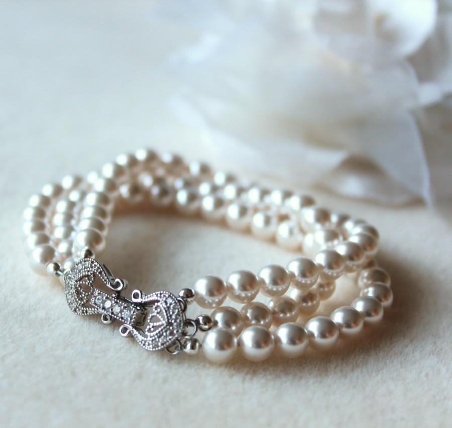 Mariage - Pearl Bridal Bracelet Wedding Bracelet White Ivory Cream Swarovski Crystal Pearl Bracelet cubic zirconia clasp bridal party gift jewelry