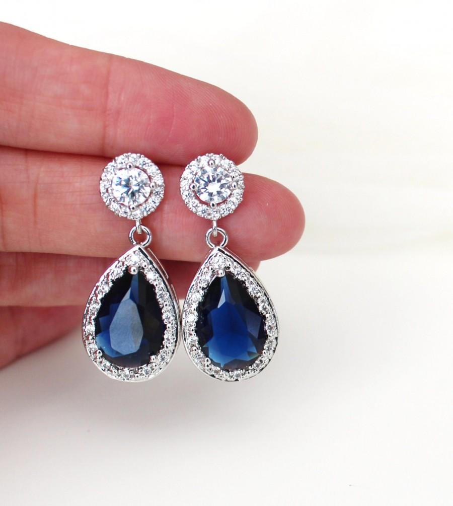 Hochzeit - Blue Wedding Bridal Earrings Blue wedding jewelry Sapphire earrings crystal bridal earrings Lux Teardrop cz post Earrings something blue