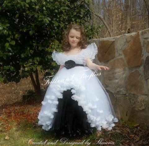 Wedding - White and Black Ribbon Flower girl dress w/Flutter Sleeves & Black Satin Flower sash....Other Available Colors Sizes 1t,2t,3t,4t,5t,6,8,10