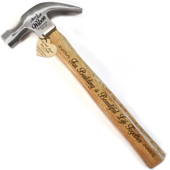 Wedding - Personalized Wedding Gift - Laser Engraved Hammer with Wood Handle, Engraved Claw & Wooden Gift Tag- For Building a Beautiful Life Together
