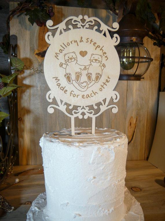 Hochzeit - Small Rustic Laser Cut Filigree Personalized Wood Wedding or Birthday Cake Topper. Choose Otter or 400  designs. 3.75" wide for 4" top layer