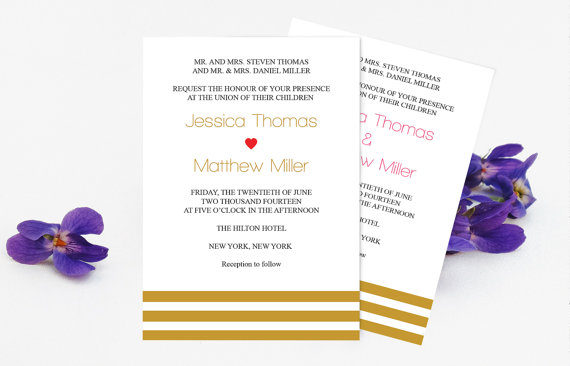 Hochzeit - Wedding Invitation Template - Gold Stripes Printable Wedding Invitation - 5 x 7 Editable PDF Templates - Instant Download - DIY You Print
