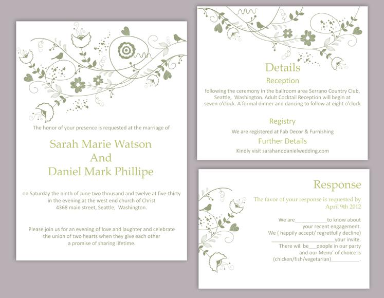 Свадьба - DIY Wedding Invitation Template Set Editable Word File Instant Download Floral Wedding Invitation Bird Invitation Printable Green Invitation