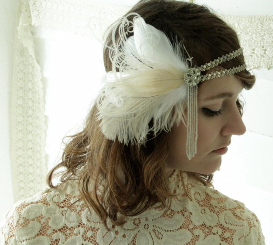زفاف - jeanette - 1920's headband, bridal headband of vintage silver trim and antique beaded fringe with ivory and champagne feathers-made to order