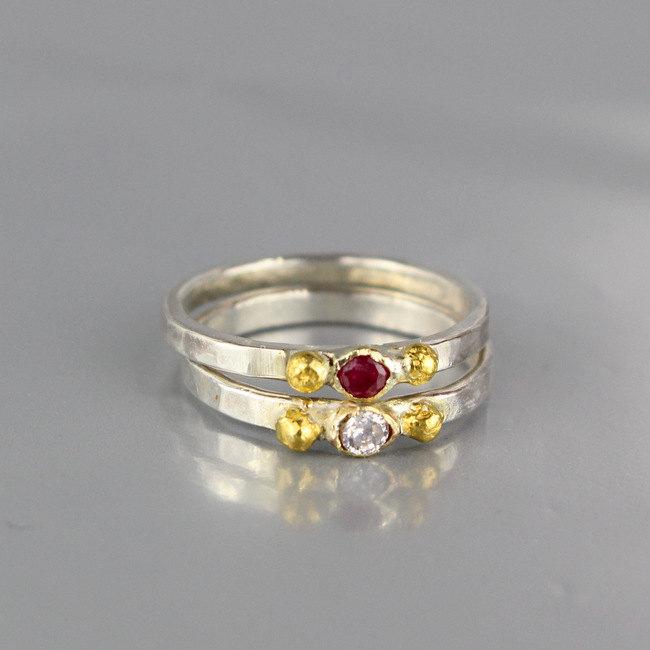 Wedding - Silver And Gold Stacking Ring, Dainty Wedding Band, 3 mm Diamond, Unique Wedding Ring, Stacking Ring, Engagement Ring, Hammered Wedding Band