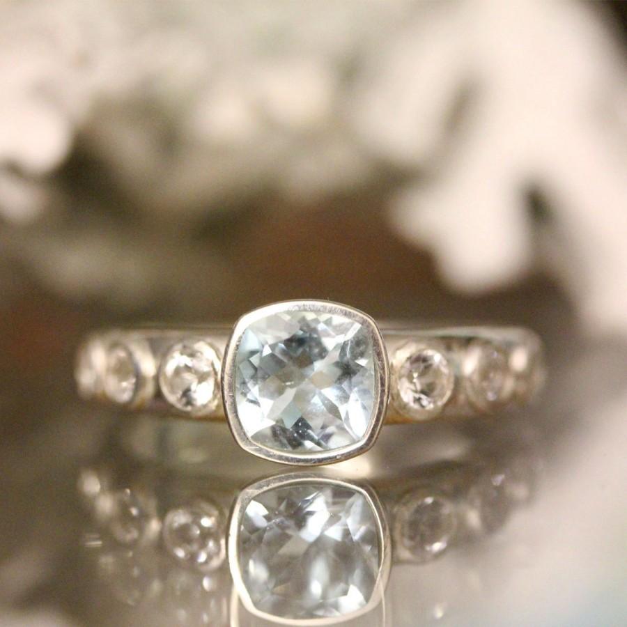 Wedding - Aquamarine And White Sapphire Sterling Silver Ring, Gemstone Ring, Cushion Shape, Engagement Ring, Stacking Ring - Made To Order