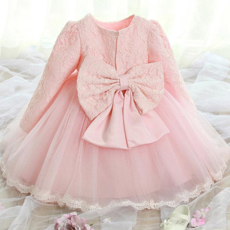 زفاف - Long Sleeves Lace Flower Girl Dress, Birthday Party Dress, Communion Dress,white and pink available