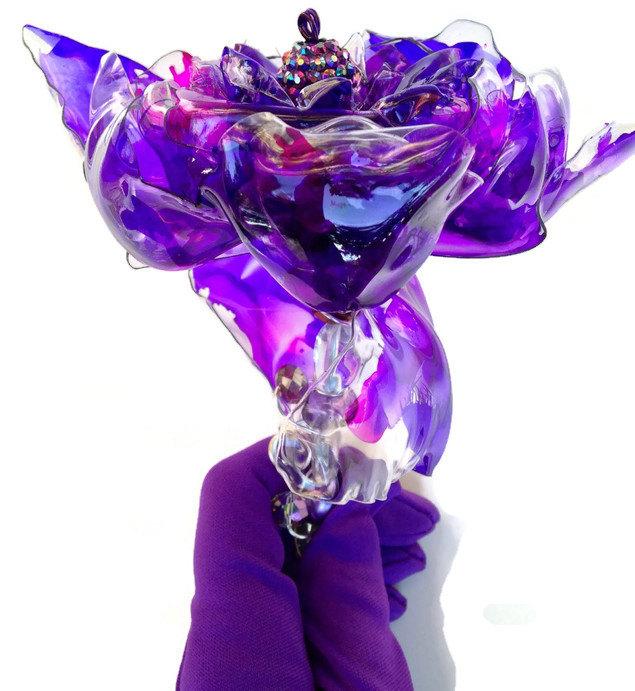 زفاف - Purple Wedding Bouquet, Unique Wedding Wand, jeweled wand, Chihuly inspired beaded bridal wand, purple flower, recycled art